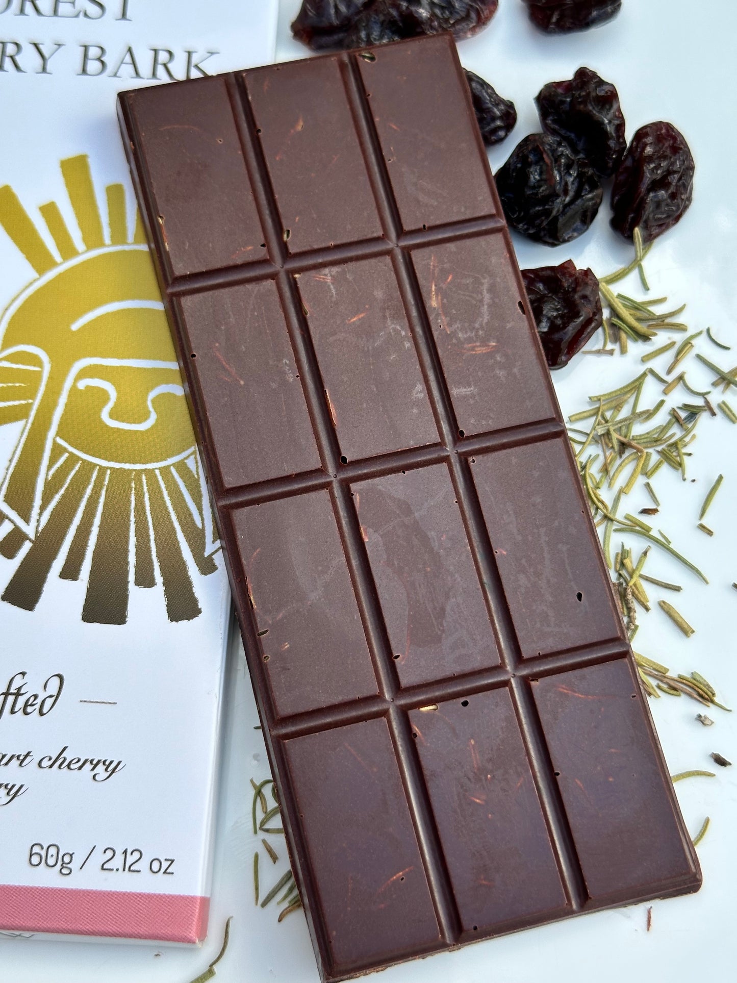 Handcrafted 90% Tart cherry & Rosemary Chocolate Bar