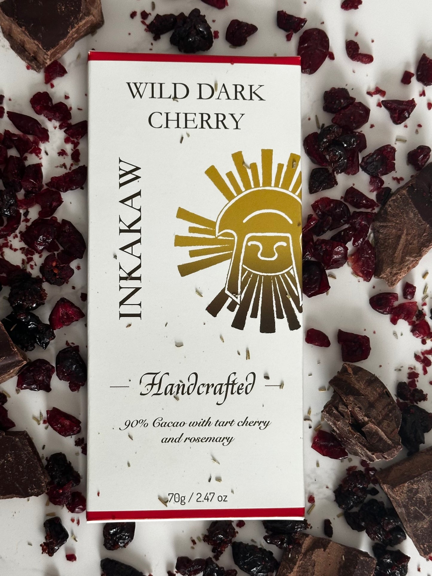 Handcrafted 90% Tart cherry & Rosemary Chocolate Bar