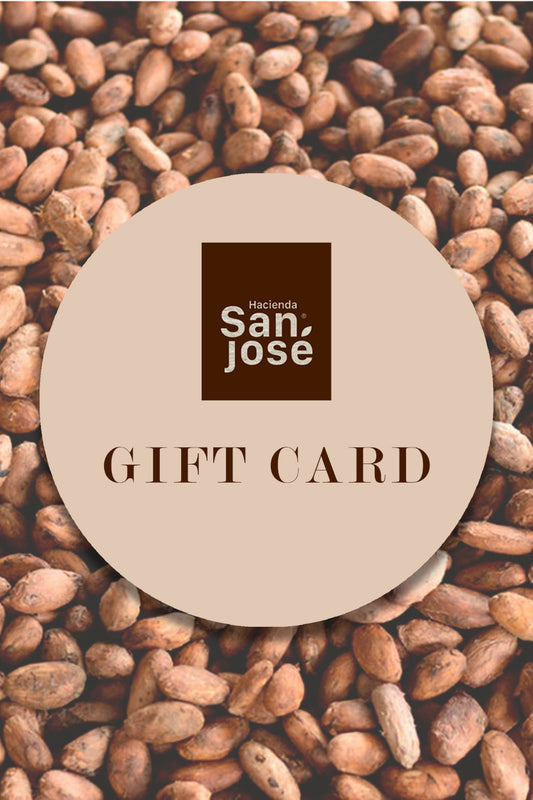 Gift card text and San Jose logo on cacao beans